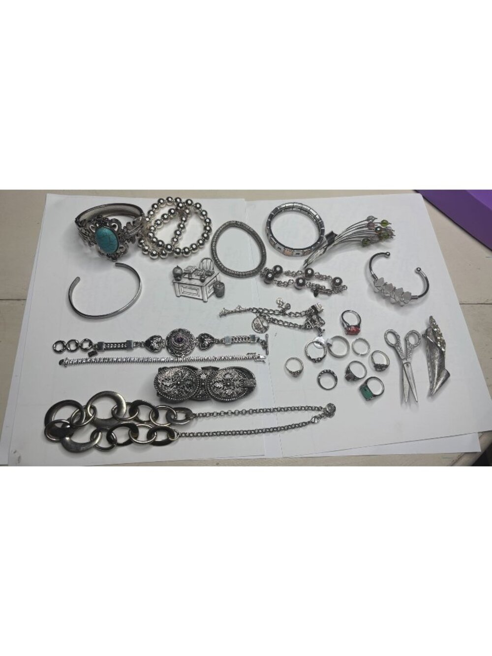 20+ Silvertone Jewelry Lot: 4 Brooches, Bracelets, Rings and More